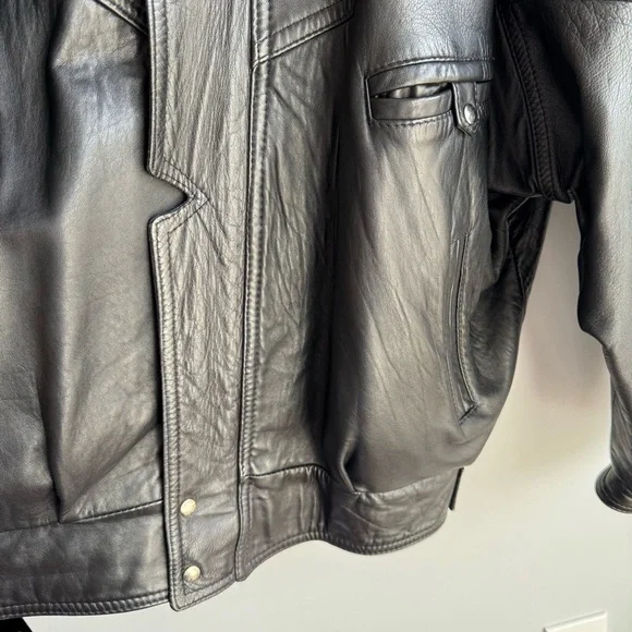 Vintage 80s 90s Oversized Leather Bomber Jacket Mens M Black Classic Moto Y2K - Picture 4 of 12